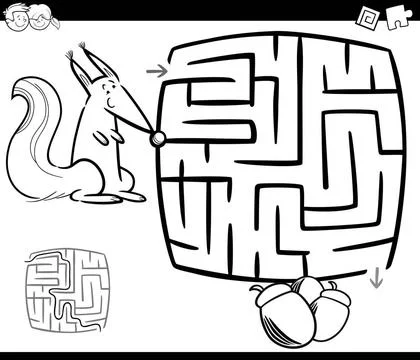 Maze with squirrel coloring page Black and White Cartoon Illustration of E... Stock Photos