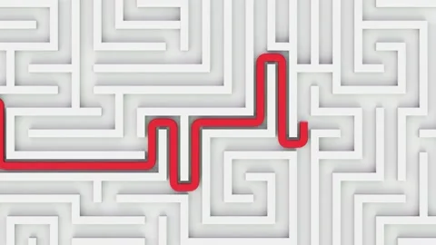 Maze top view and red path appears from enter to exit. Vídeo Stock 289610965