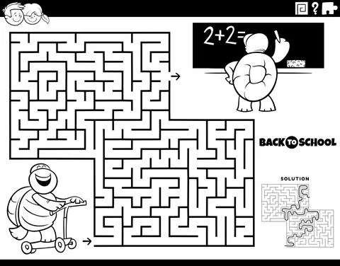 Maze with turtle riding a scooter to school coloring page Stock Illustration