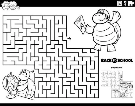 Maze with turtle studying for a geography test coloring page Black and whi... Stock Photos