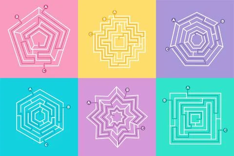 Maze way game set, riddle puzzle collection. Square, circle path and polygona Stock Illustration