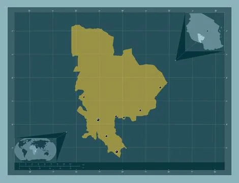 Mbeya, Tanzania. Solid color shape. Locations of major cities of the region Stock Illustration