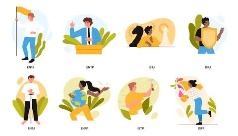 MBTI, socionics types set, characters with different types of behavior and Stock Illustration