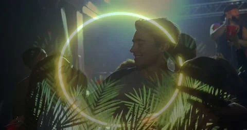 MC singing starting neon ring palm pattern sweeping framing central man two Stock Footage 334112497