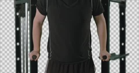 MCU Man Doing Body Lifts on Exercise Frame with Alpha Channel 4K Stock Footage 57686850