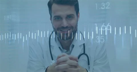 MD leaning in smiling with waveform appearing explaining health data as line Stock Footage 330621442