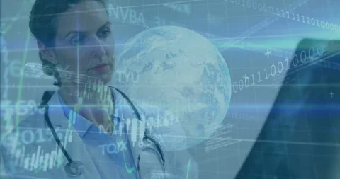 MD scanning display stethoscope-on upon overlays appearing analyzing globe and Stock Footage 331227483