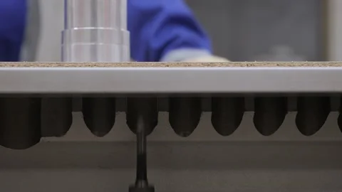 MDF furniture production process drilling bit closeup furniture making wood Stock Footage 165495163