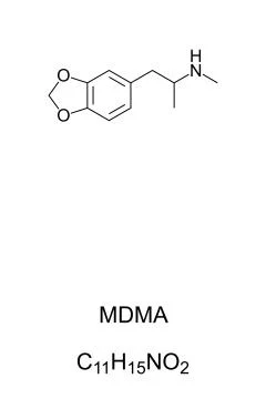 MDMA, known as ecstasy, E, or molly, chemical structure and formula 스톡 일러스트