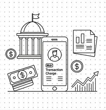 MDR transaction fee and mobile payment processing concept vector featuring bank, Ilustración de archivo