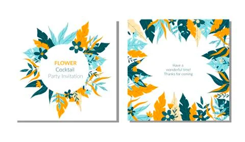 Meadow and Exotic Leafy Branches and Flowers Framed as Invitation Card Vector Stock Illustration