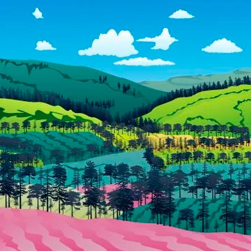 Meadow and Pine Trees Landscape. Fields and forest gradient illustration. Illustrazione stock
