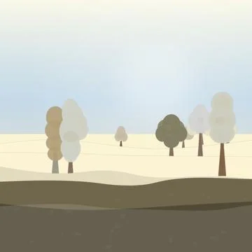 Meadow and tree band backdrop with, mixed woodland trees, and right drift fog Stock Illustration