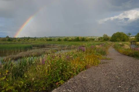 Meadow below rainbow Stock Photos