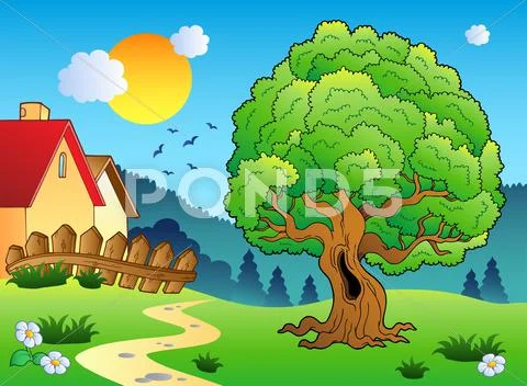 Meadow with big leafy tree Stock Illustration