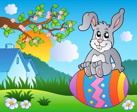 Meadow with bunny on Easter egg Stock Illustration