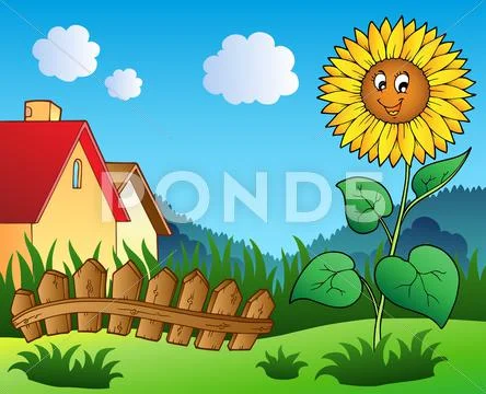 Meadow with cartoon sunflower Stock Illustration