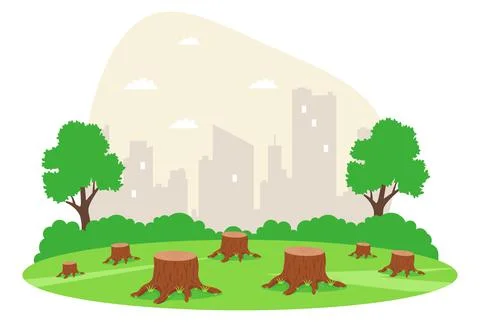Meadow with cut down trees. illegal logging. Stock Illustration