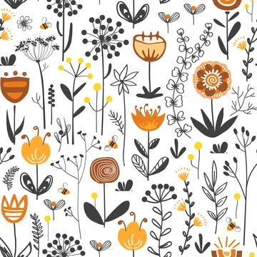 Meadow flowers seamless pattern. Blooming grass and honey bees background in 库存插图