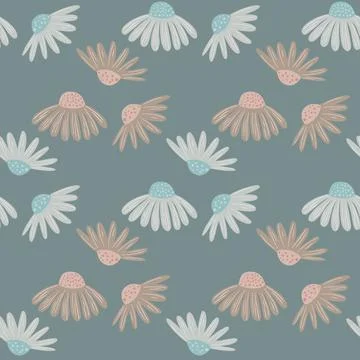 Meadow flowers seamless pattern with botanic daisy ornament. Blue pale backgr Illustrazione stock