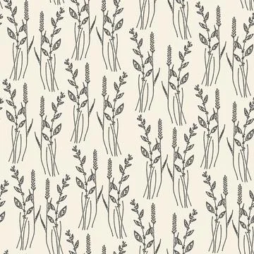 Meadow grass ink seamless pattern. Blooming botanical motifs scattered random. Illustrazione stock