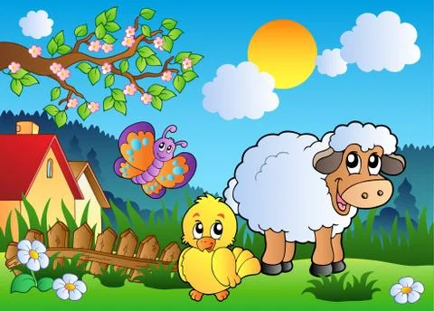 Meadow with happy spring animals Illustrazione stock