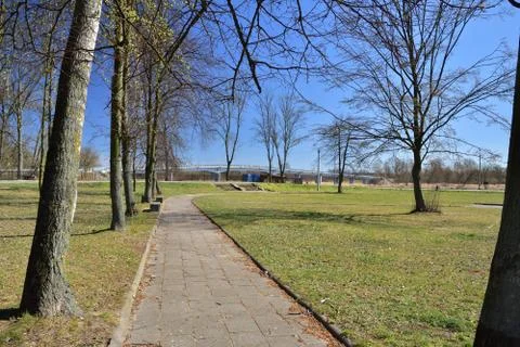 Meadow, lawn and trees on a cloudless day, with a bridge in the background. Stock Photos