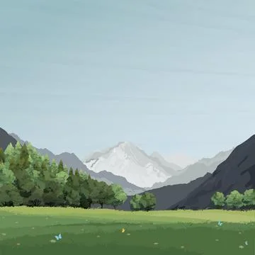 Meadow in the middle of valley surrounded by mountains and pine forest grap.. Stock Illustration