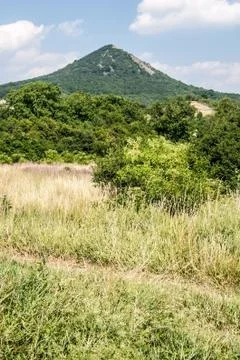 Meadow with pathway, small forest and isolated Lovos hill in Ceske stredohori Stock Photos