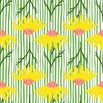 Meadow seamless pattern with bright yellow daisy flowers shapes. Green and wh Stock Illustration