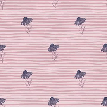 Meadow seamless pattern with simple purple daisy flowers shapes. Pink striped イラスト素材