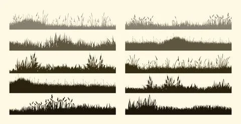 Meadow silhouettes with grass, plants on plain. Panoramic summer lawn landscape Stock Illustration