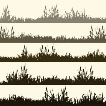 Meadow silhouettes with grass, plants on plain. Panoramic summer lawn landscape Stock Illustration