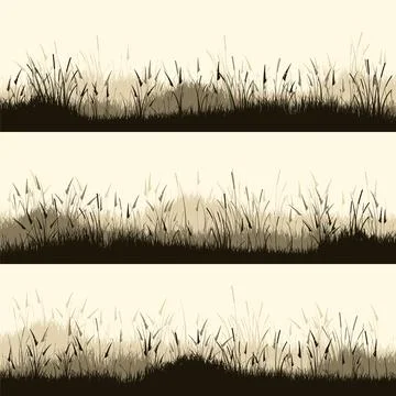 Meadow silhouettes with grass, plants on plain. Panoramic summer lawn landscape Stock Illustration