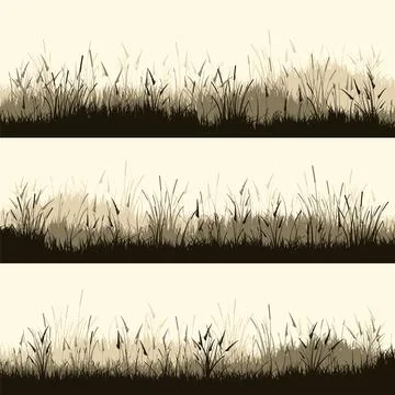 Meadow silhouettes with grass, plants on plain. Panoramic summer lawn landscape Stock Illustration