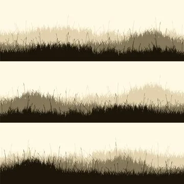 Meadow silhouettes with grass, plants on plain. Panoramic summer lawn landscape Stock Illustration