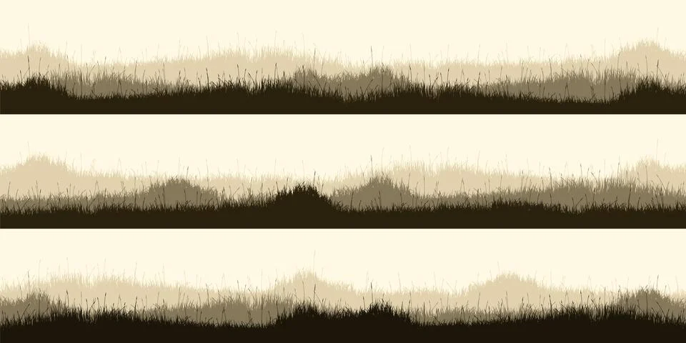 Meadow silhouettes with grass, plants on plain. Panoramic summer lawn landscape Stock Illustration