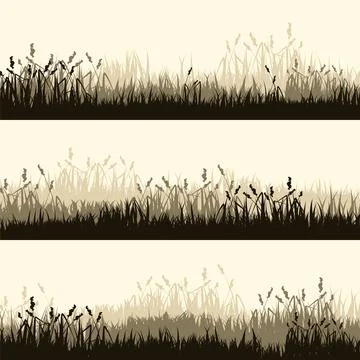 Meadow silhouettes with grass, plants on plain. Panoramic summer lawn landscape Stock Illustration