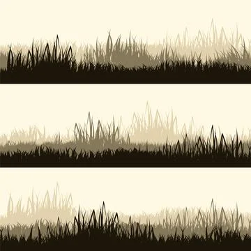 Meadow silhouettes with grass, plants on plain. Panoramic summer lawn landscape Stock Illustration