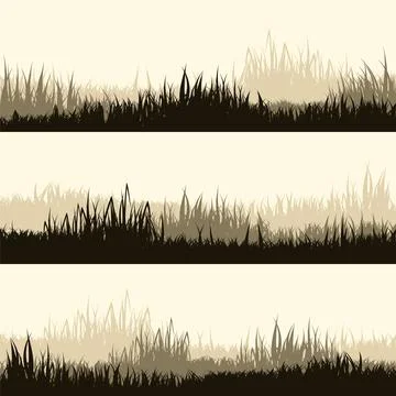 Meadow silhouettes with grass, plants on plain. Panoramic summer lawn landscape Stock Illustration