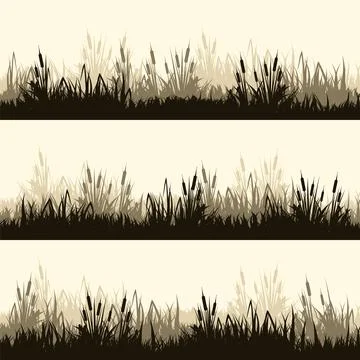 Meadow silhouettes with grass, plants on plain. Panoramic summer lawn landscape Stock Illustration
