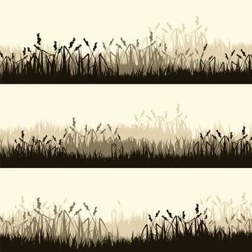 Meadow silhouettes with grass, plants on plain. Panoramic summer lawn landscape Stock Illustration