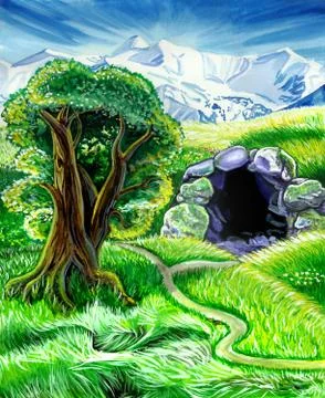 On the meadow there is an oak and a cave Stock Illustration