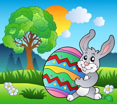 Meadow with tree and Easter bunny Stock Illustration