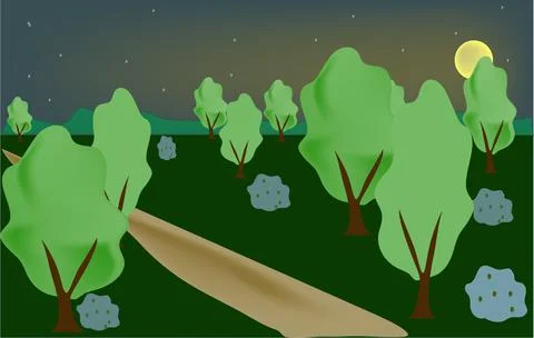 Meadow with trees at nigh Stock Illustration