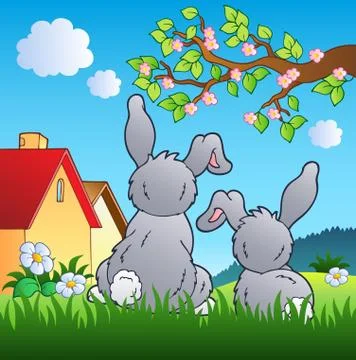 Meadow with two rabbits Stock Illustration