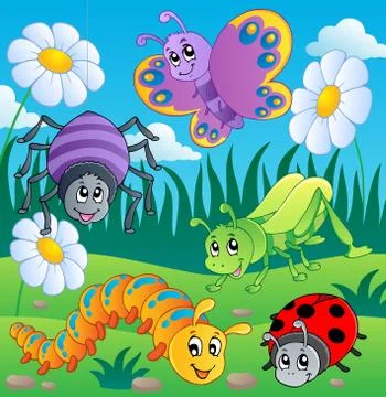 Meadow with various bugs theme - illustration. Stock Illustration