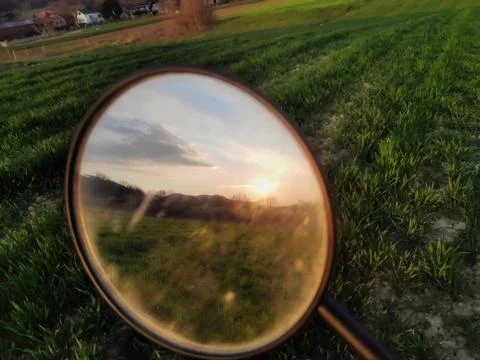 Meadow View in Car Mirror 스톡 사진