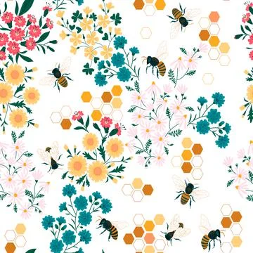 Meadow wildflower honeybee seamless pattern. Stock Illustration
