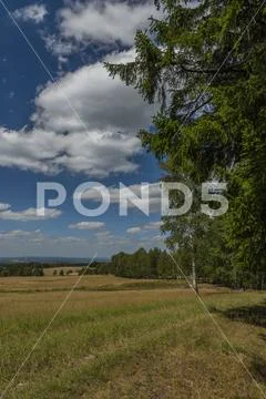 Meadows and pasture land near vanished village Smrkovec in summer hot day Stock Photos